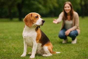 Beagle assis sur l’herbe dans un parc, tournant la tête pour ignorer la main tendue de sa maîtresse.
