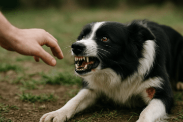 Border Collie qui grogne à l’approche d’un humain à cause d’une blessure visible sur le flanc