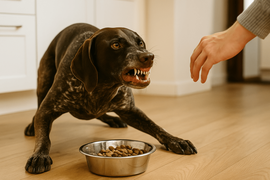 Braque allemand grognant pendant son repas face à une main humaine