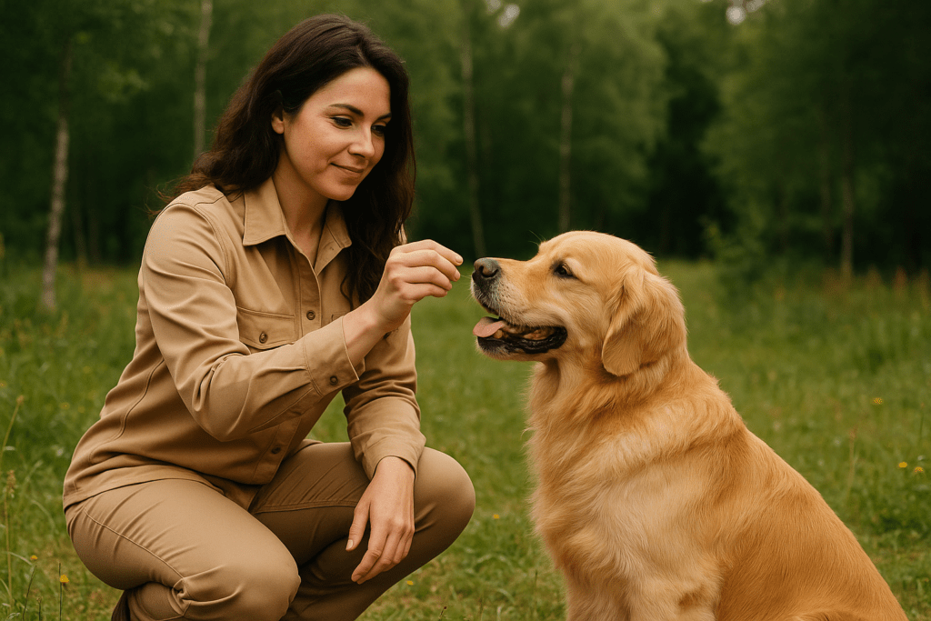 Éducatrice canin récompensant un chien avec une friandise