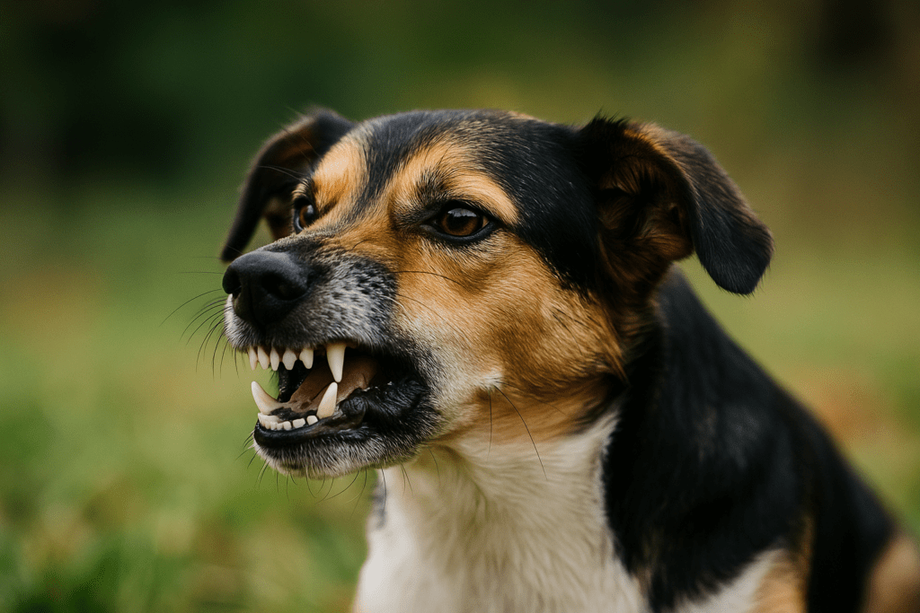 Chien grognant en gros plan, signal d’avertissement