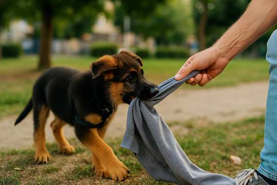 Chiot Berger Allemand têtu tirant sur un vêtement tenu par la main de son maître dans un parc.
