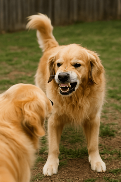 Golden Retriever qui grogne à l’approche d’un autre Golden Retriever dans un parc